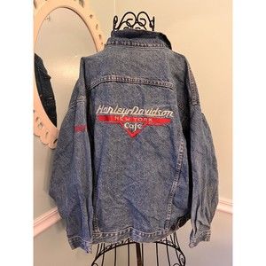 Vtg 90s Harley Davidson New York Cafe Denim Trucker Jacket Jean Embroidered Blue